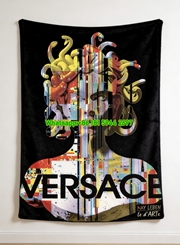 Versace Black Multicolor Graffiti Medusa Bust Printed Flannel Throw Blanket IMG_1280